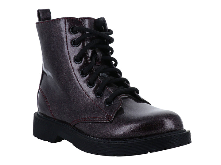 Botas casuales color burgundy con acabado brillante y cordones negros para niña.