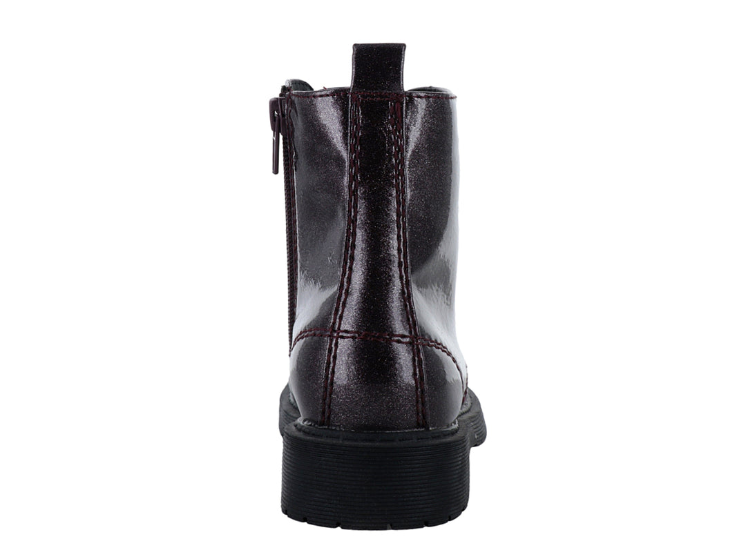 Botas casuales color burgundy con acabado brillante y cordones negros para niña.