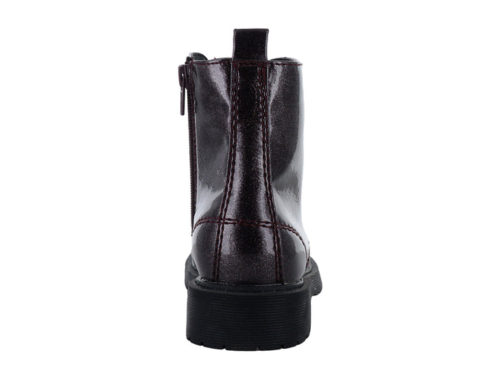 Botas casuales color burgundy con acabado brillante y cordones negros para niña.
