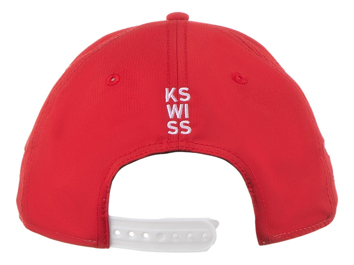 Gorra K-Swiss en colores blanco y rojo con un parche frontal del personaje de Monopoly.