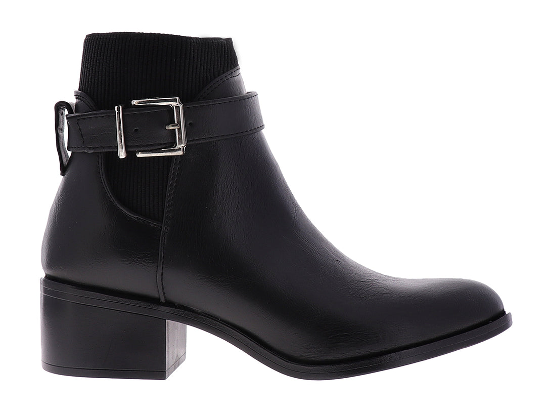Botines negros para mujer con tacón cuadrado, hebilla plateada y detalle de tejido en la parte superior.