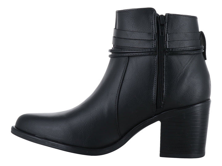Botín negro de material sintético con tacón grueso y detalle de cordones laterales decorativos para mujer.