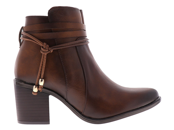 Botines color camel para mujer con tacón cuadrado y detalles de cordones decorativos.