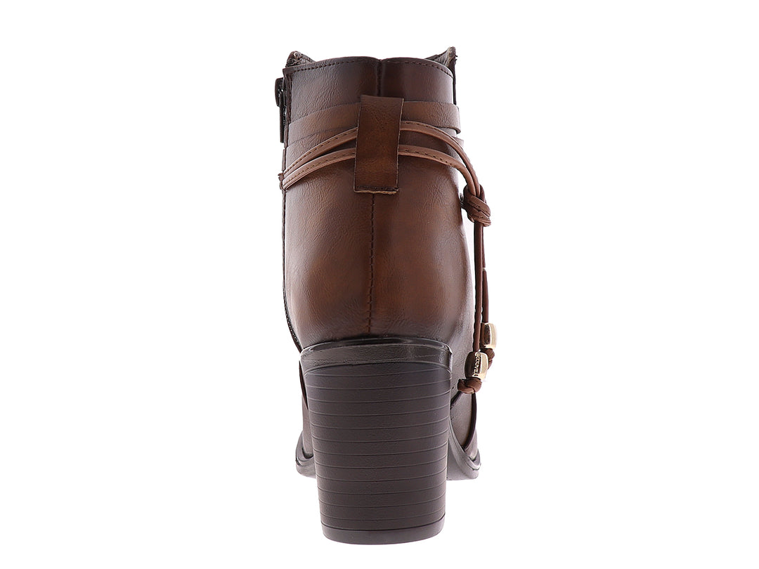 Botines color camel para mujer con tacón cuadrado y detalles de cordones decorativos.