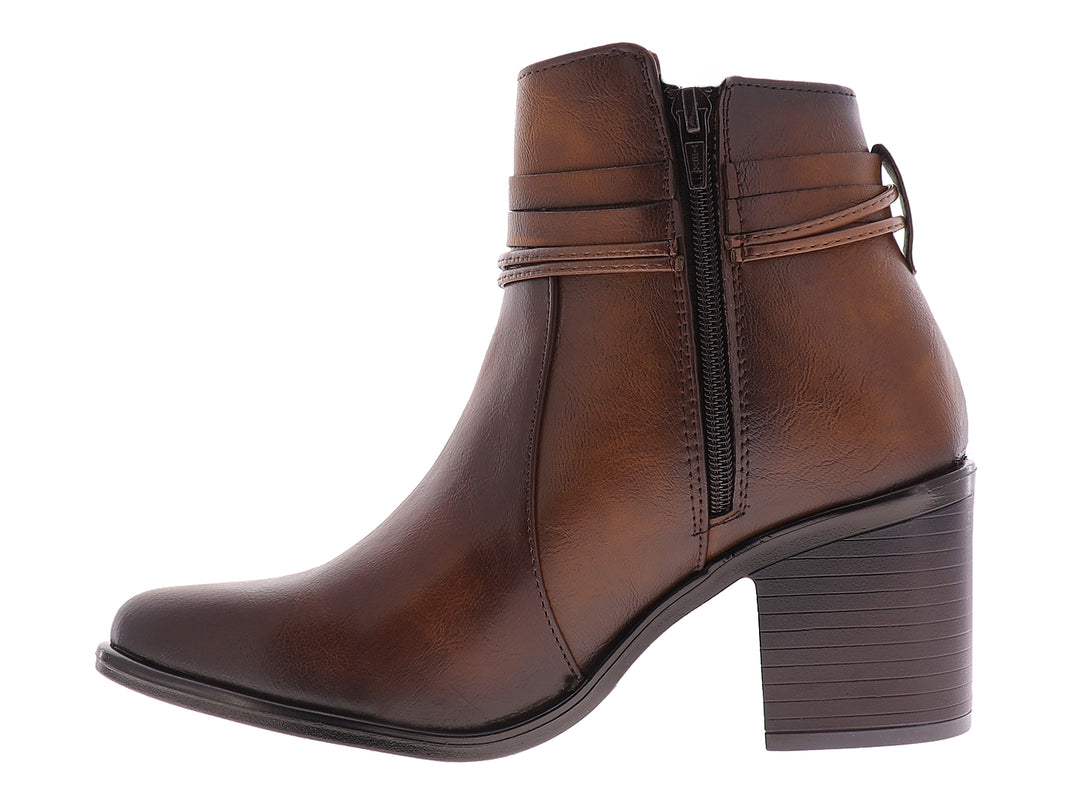 Botines color camel para mujer con tacón cuadrado y detalles de cordones decorativos.