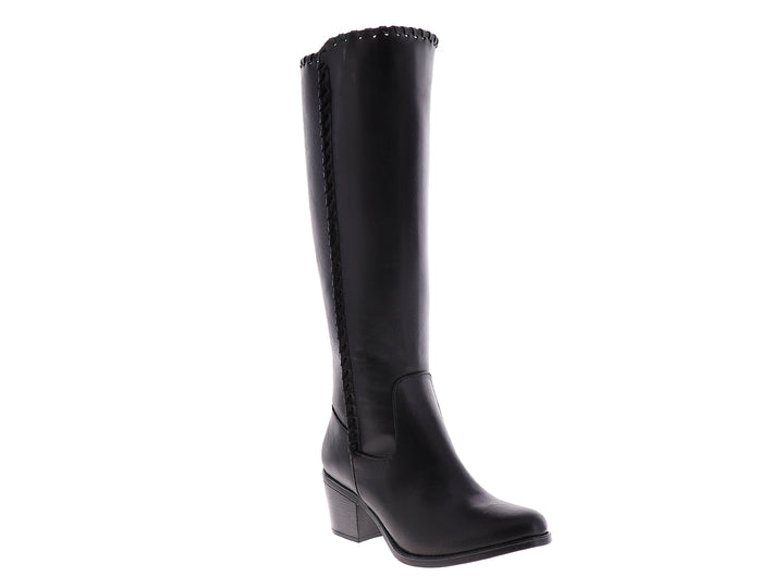 Bota alta color negro para mujer con tacón cuadrado y detalles decorativos en la caña.