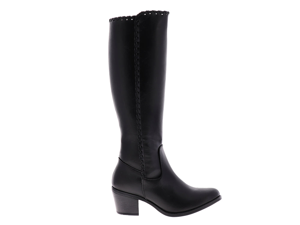 Bota alta color negro para mujer con tacón cuadrado y detalles decorativos en la caña.