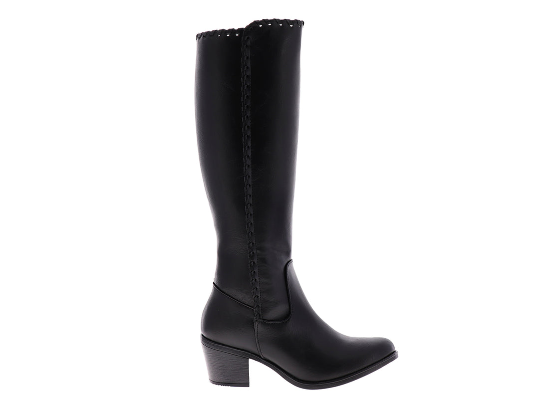 Bota alta color negro para mujer con tacón cuadrado y detalles decorativos en la caña.