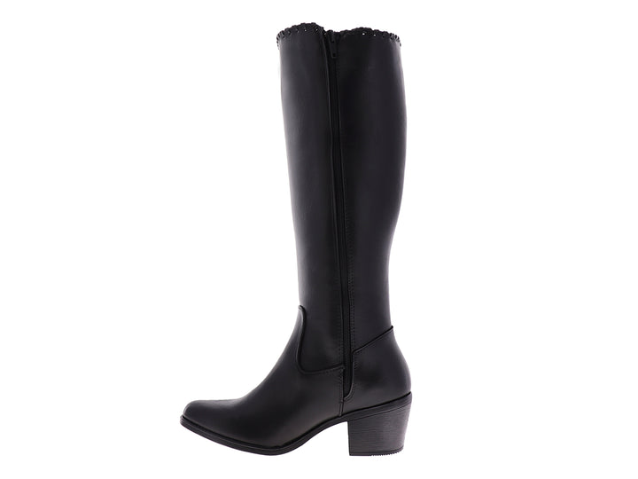 Bota alta color negro para mujer con tacón cuadrado y detalles decorativos en la caña.