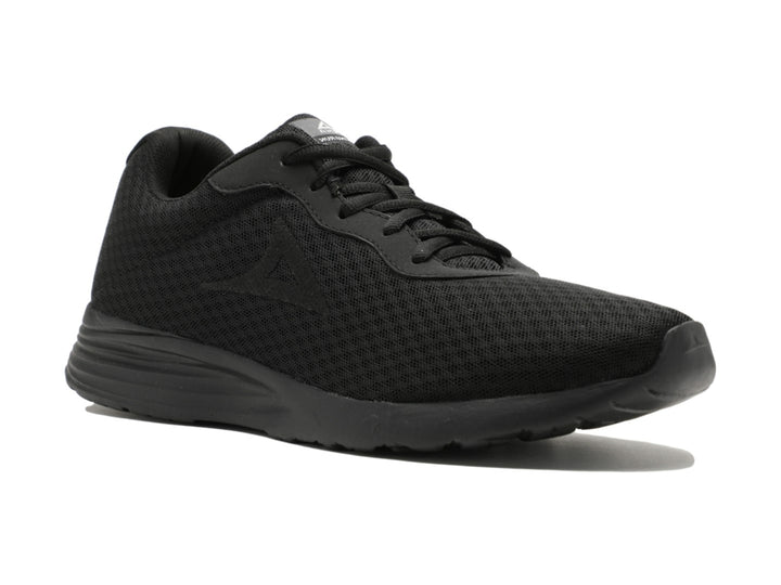 Tenis deportivo color negro con tejido de malla y suela cómoda.