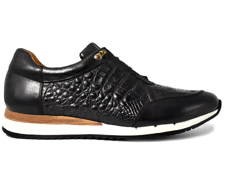 Zapato Buckhouse Malibu negro para hombre con textura de piel de cocodrilo y suela blanca.