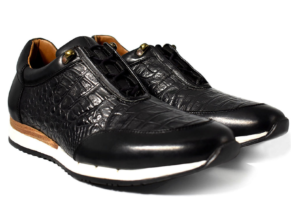 Zapato Buckhouse Malibu negro para hombre con textura de piel de cocodrilo y suela blanca.