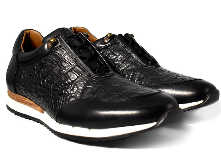 Zapato Buckhouse Malibu negro para hombre con textura de piel de cocodrilo y suela blanca.