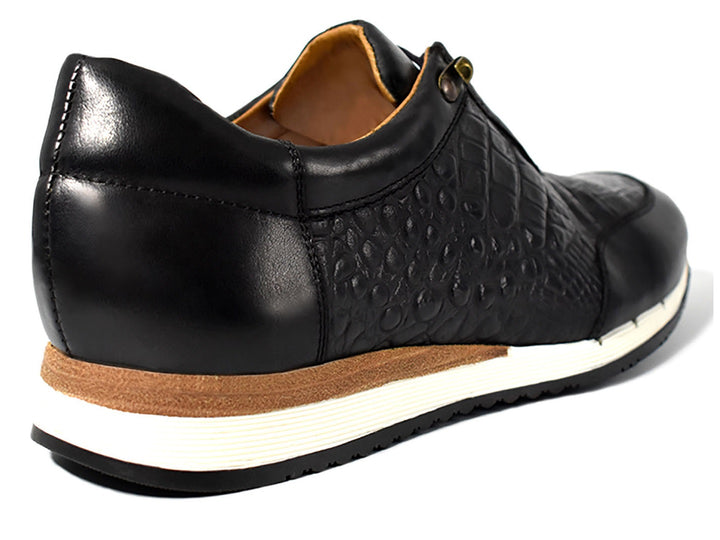 Zapato Buckhouse Malibu negro para hombre con textura de piel de cocodrilo y suela blanca.