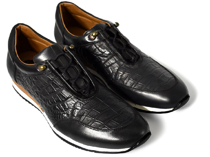 Zapato Buckhouse Malibu negro para hombre con textura de piel de cocodrilo y suela blanca.