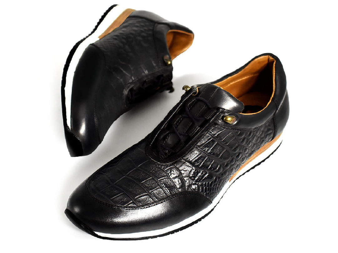 Zapato Buckhouse Malibu negro para hombre con textura de piel de cocodrilo y suela blanca.