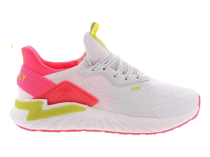 Tenis deportivos Charly color blanco con detalles en rosa y verde limón.