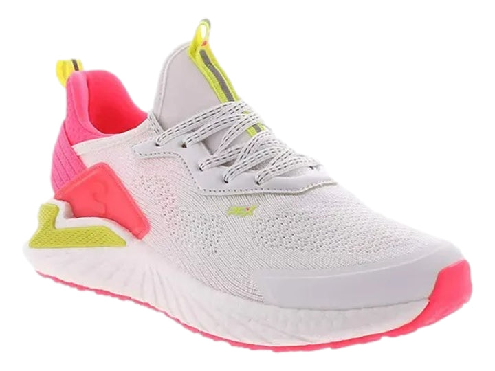 Tenis deportivos Charly color blanco con detalles en rosa y verde limón.
