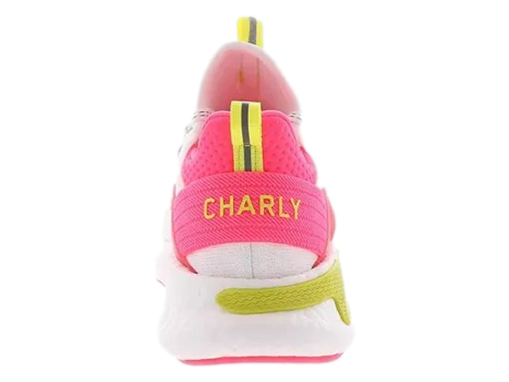 Tenis deportivos Charly color blanco con detalles en rosa y verde limón.