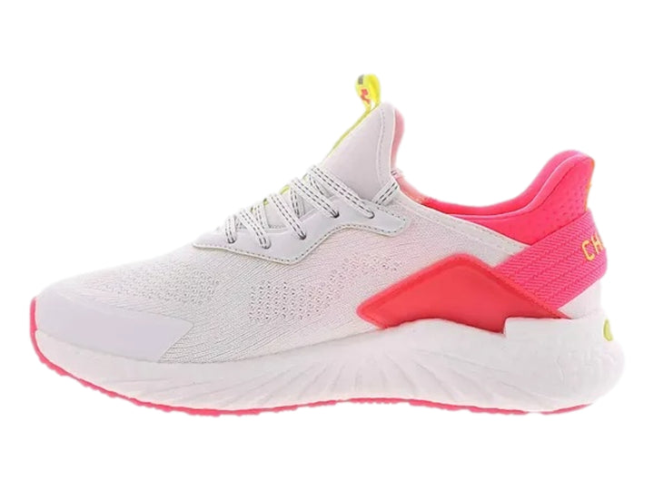 Tenis deportivos Charly color blanco con detalles en rosa y verde limón.