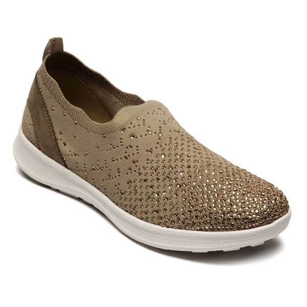 Zapato plano Flexi color arena de tejido con detalles brillantes y suela blanca para mujer.
