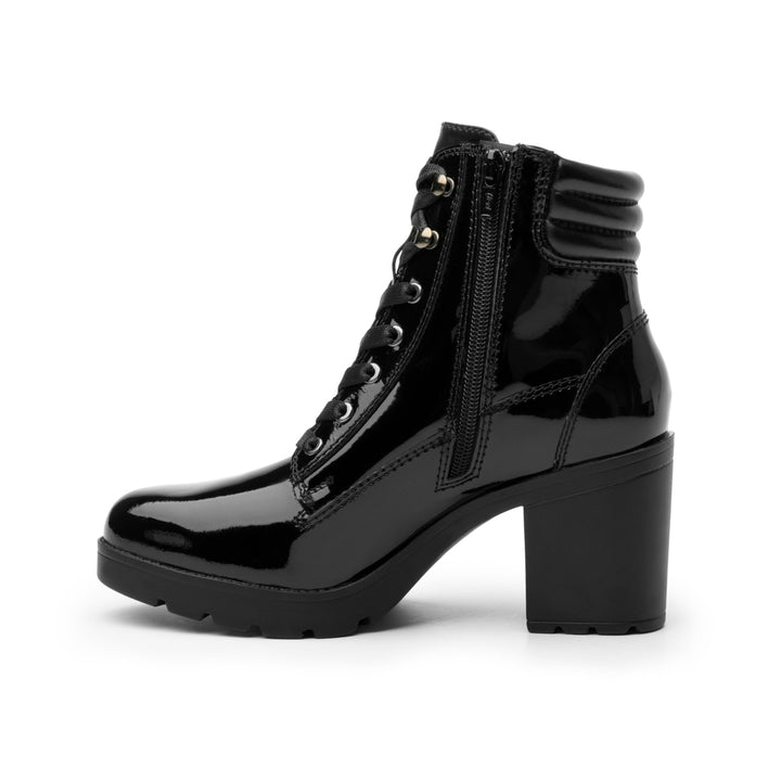 Botín negro de charol brillante con agujetas y tacón grueso para Mujer.