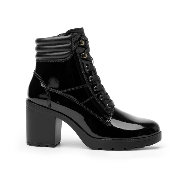Botín negro de charol brillante con agujetas y tacón grueso para Mujer.