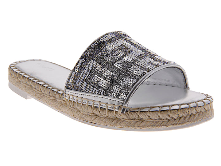 Sandalia plateada para mujer con tira ancha de lentejuelas y suela de plataforma en estilo esparto beige.