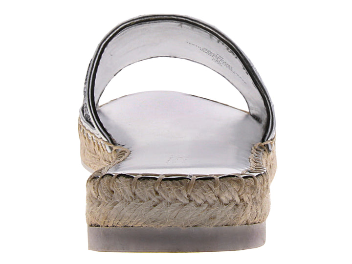 Sandalia plateada para mujer con tira ancha de lentejuelas y suela de plataforma en estilo esparto beige.
