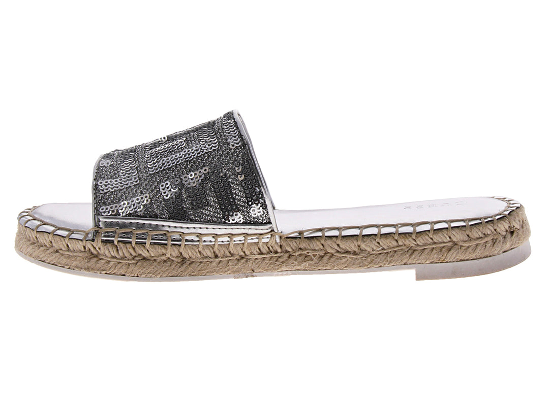 Sandalia plateada para mujer con tira ancha de lentejuelas y suela de plataforma en estilo esparto beige.