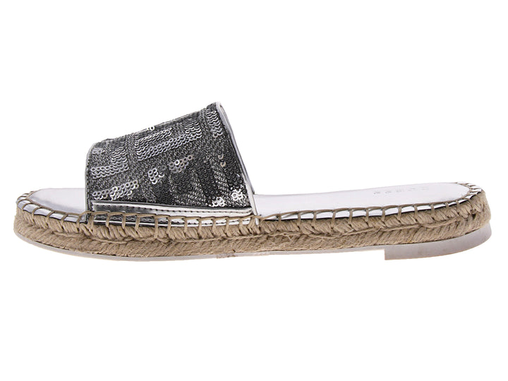 Sandalia plateada para mujer con tira ancha de lentejuelas y suela de plataforma en estilo esparto beige.
