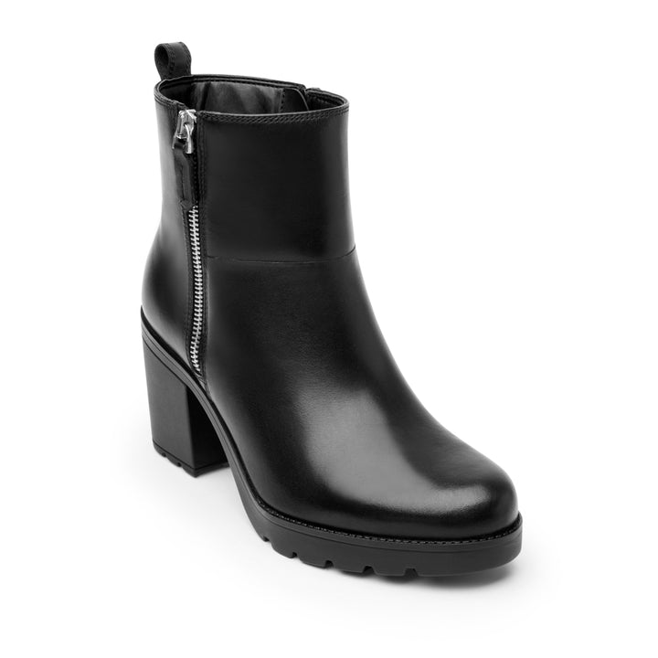 Botín negro de cuero para mujer con tacón cuadrado y cierre lateral plateado.
