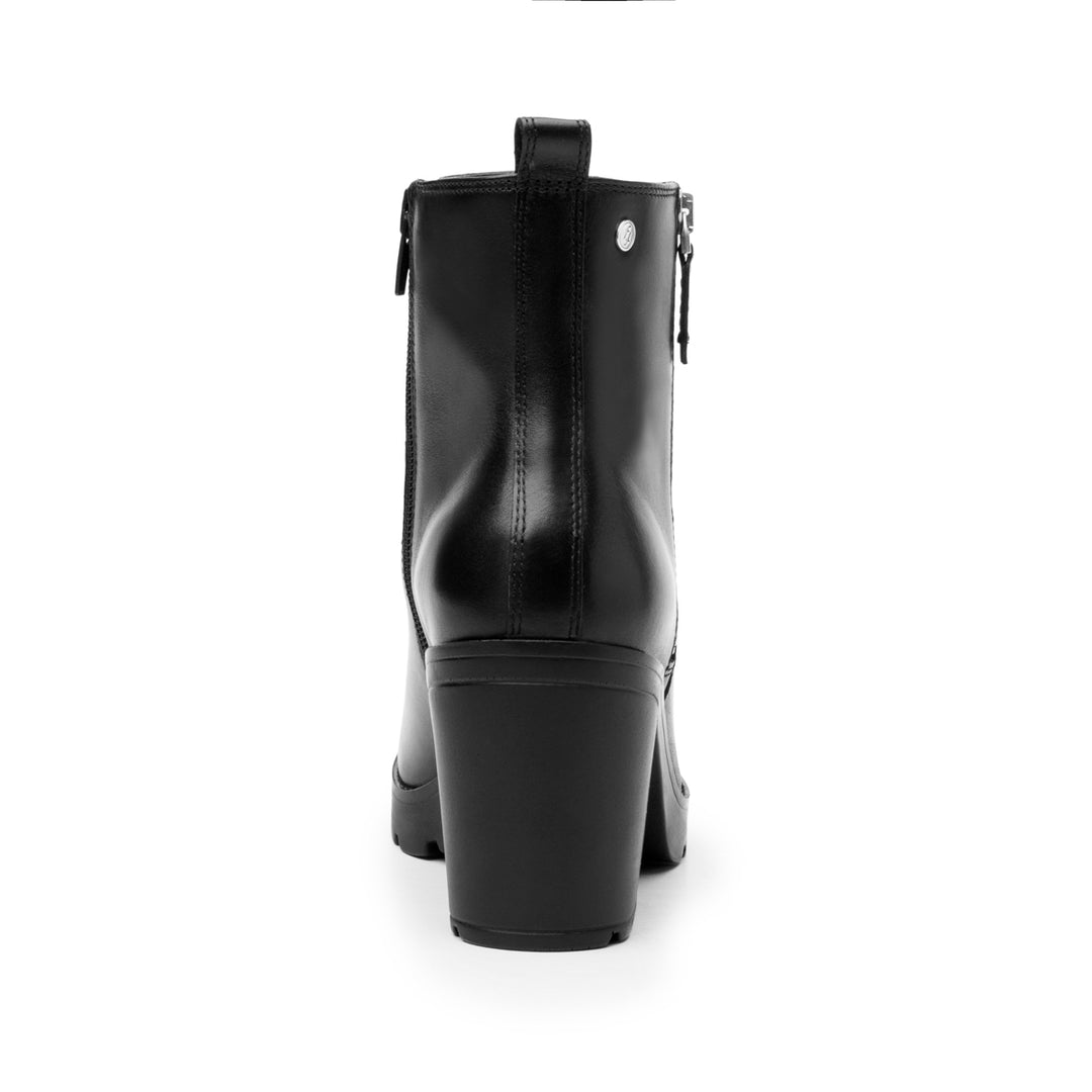Botín negro de cuero para mujer con tacón cuadrado y cierre lateral plateado.