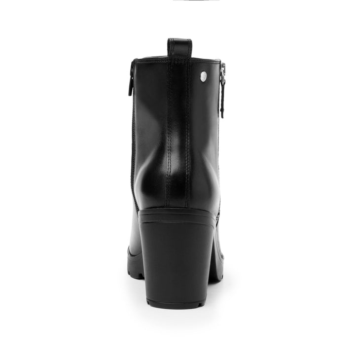 Botín negro de cuero para mujer con tacón cuadrado y cierre lateral plateado.