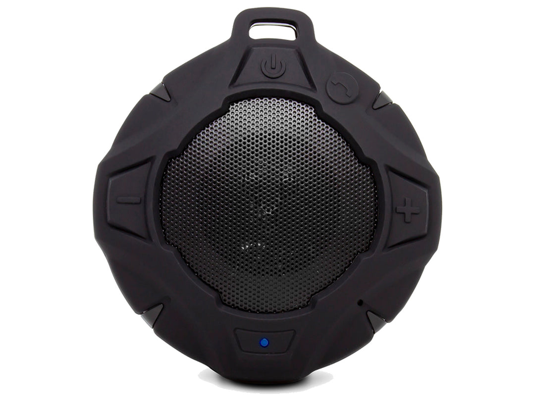 Bocina Bluetooth Vorago BSP400 de color negro, forma circular con rejilla central y botones de control.