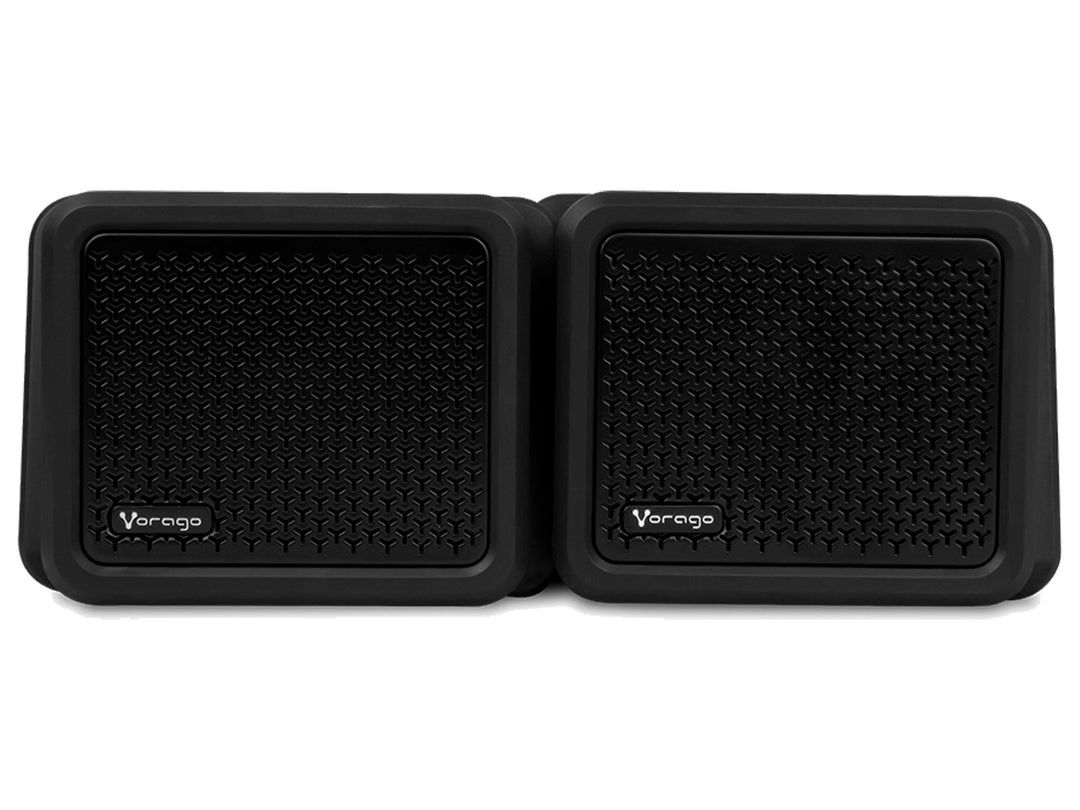 Kit de dos bocinas Bluetooth Vorago de color negro con diseño cuadrado y rejilla frontal texturizada.