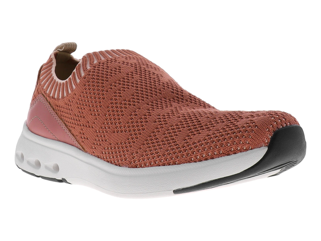 Zapato deportivo Flexi de tejido color rosa con suela blanca y punta negra, diseño sin cordones.