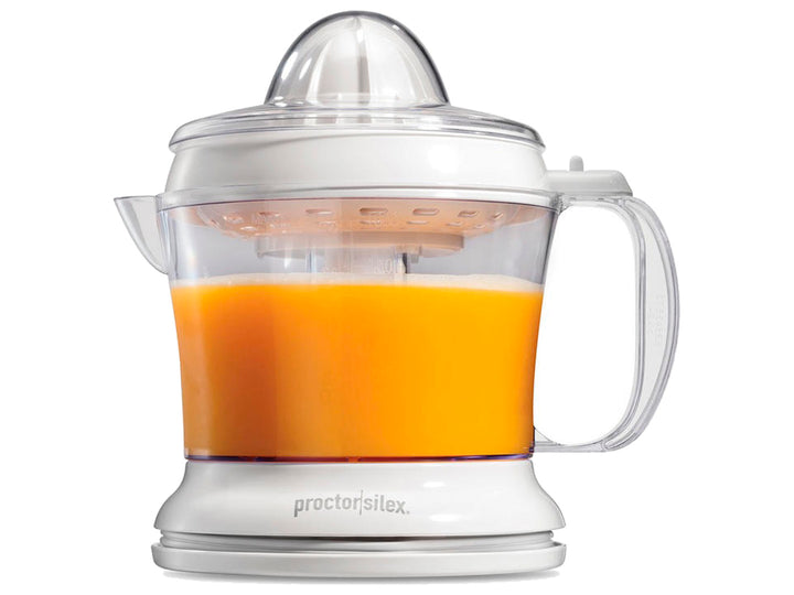 Exprimidor de jugos Proctor Silex blanco con jarra transparente llena de jugo de naranja.