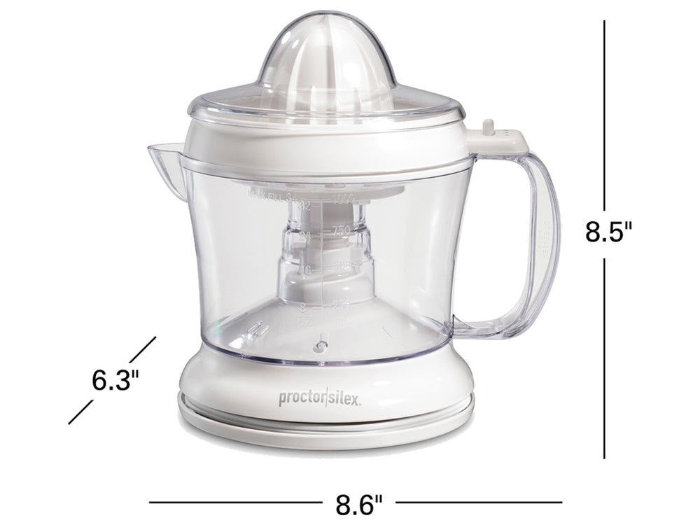 Exprimidor de jugos Proctor Silex blanco con jarra transparente llena de jugo de naranja.