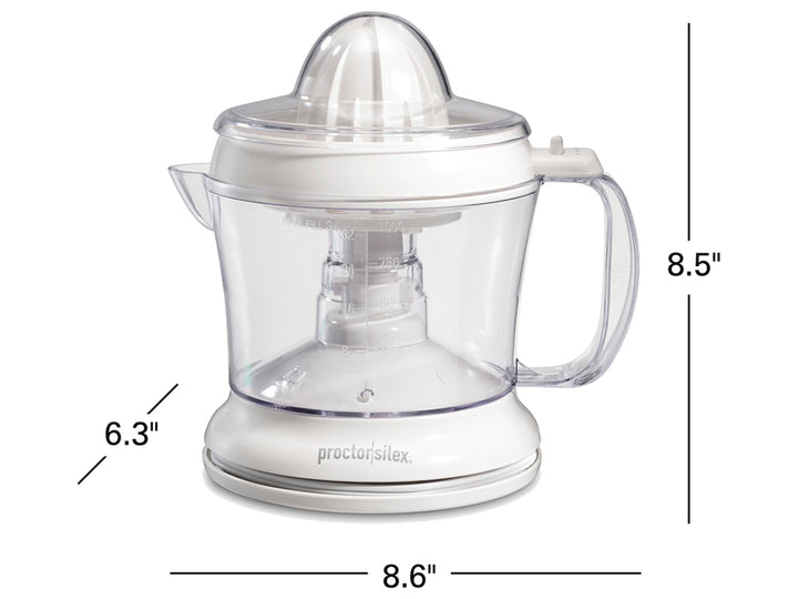 Exprimidor de jugos Proctor Silex blanco con jarra transparente llena de jugo de naranja.