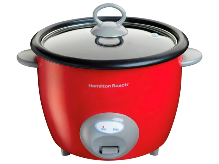 Arrocera Hamilton Beach roja con tapa de vidrio y controles frontales.