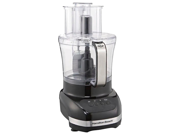 Procesador de alimentos Hamilton Beach negro con tazón transparente y controles frontales.