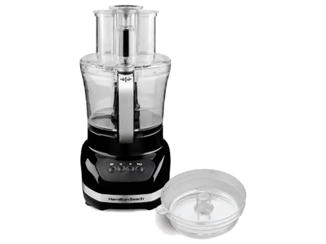 Procesador de alimentos Hamilton Beach negro con tazón transparente y controles frontales.