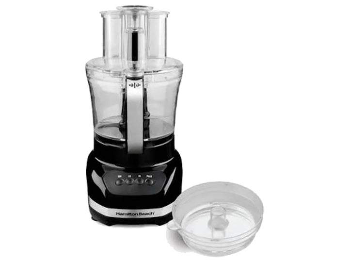 Procesador de alimentos Hamilton Beach negro con tazón transparente y controles frontales.