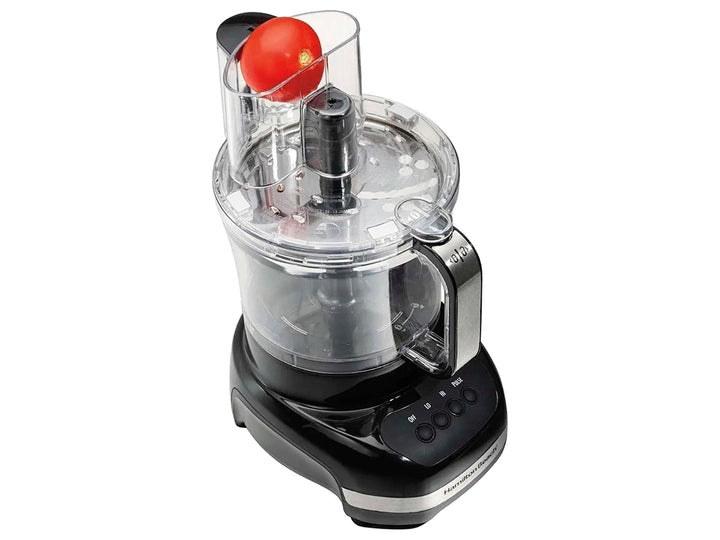 Procesador de alimentos Hamilton Beach negro con tazón transparente y controles frontales.