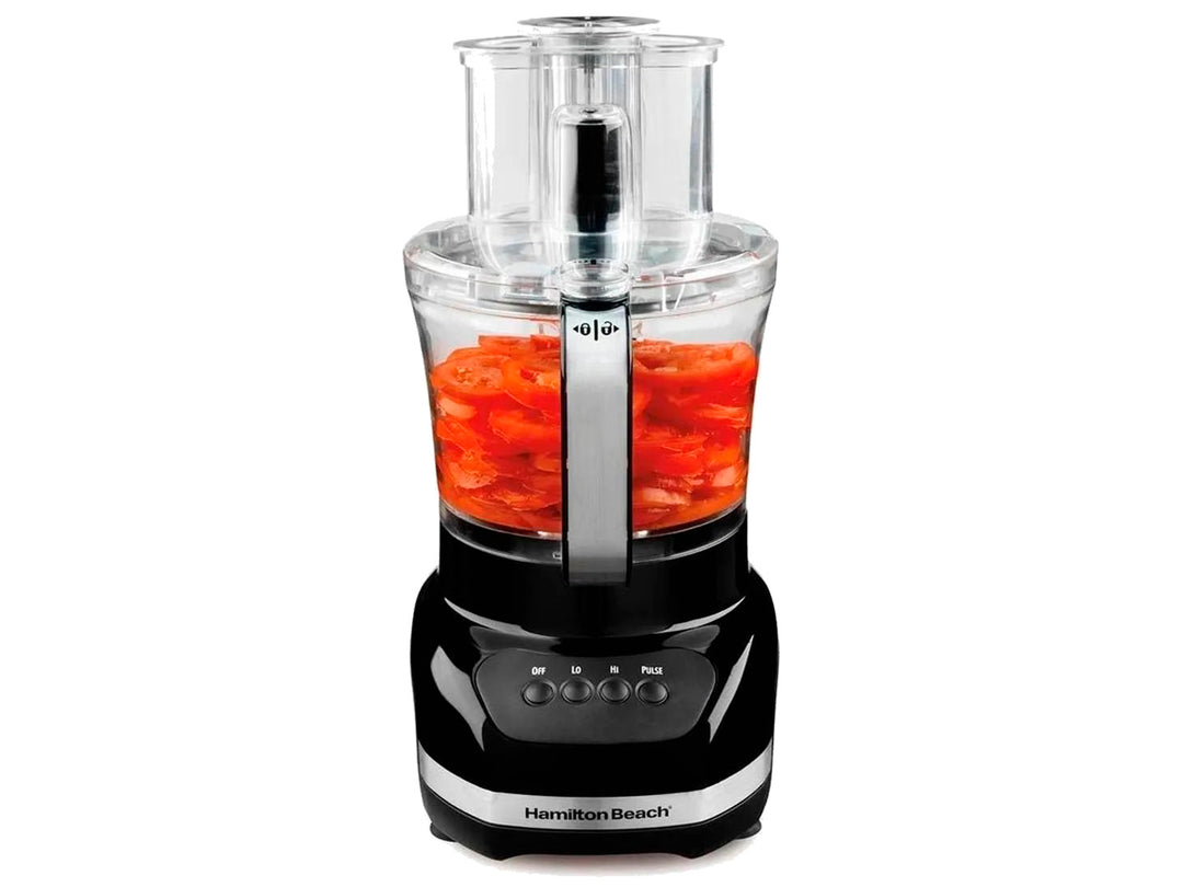Procesador de alimentos Hamilton Beach negro con tazón transparente y controles frontales.