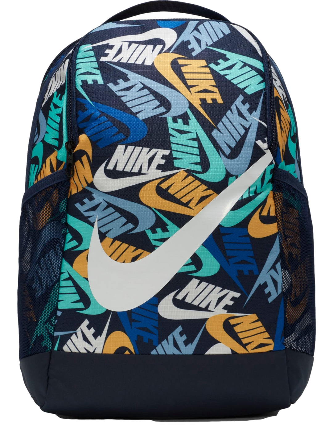 Mochila Nike con estampado de logotipos en colores azul, amarillo y blanco sobre fondo azul marino.