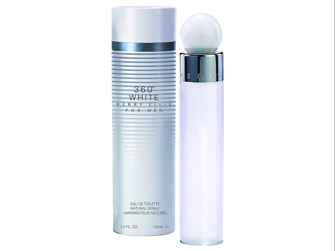 Botella y caja de perfume Perry Ellis 360 White for Men en color blanco con detalles plateados.