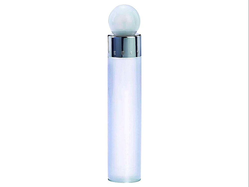 Botella y caja de perfume Perry Ellis 360 White for Men en color blanco con detalles plateados.