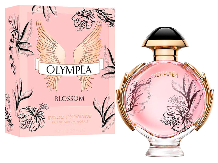 Frasco y caja de perfume Paco Rabanne Olympea Blossom en color rosa con detalles dorados y motivos florales.